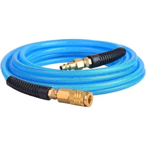 25FT 1/4 Inch Reinforced Polyurethane Air Hose for Compressor - Flexible Heavy Duty Braided Pneumatic Hose with Quick Connect Fittings 300 PSI for Garage Shop Automotive Use