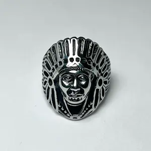 Tribal Chief Headdress Stainless Steel Statement Ring – Oxidized Detail Biker Style