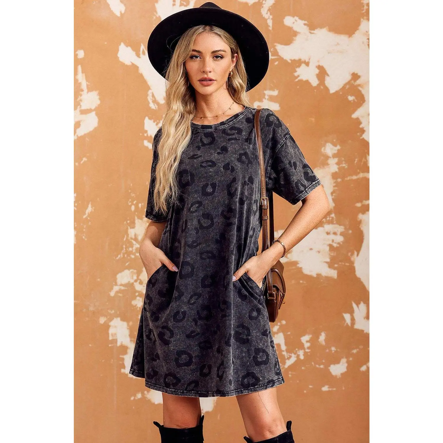 Leopard Round Neck Dropped Shoulder Dress with Pockets