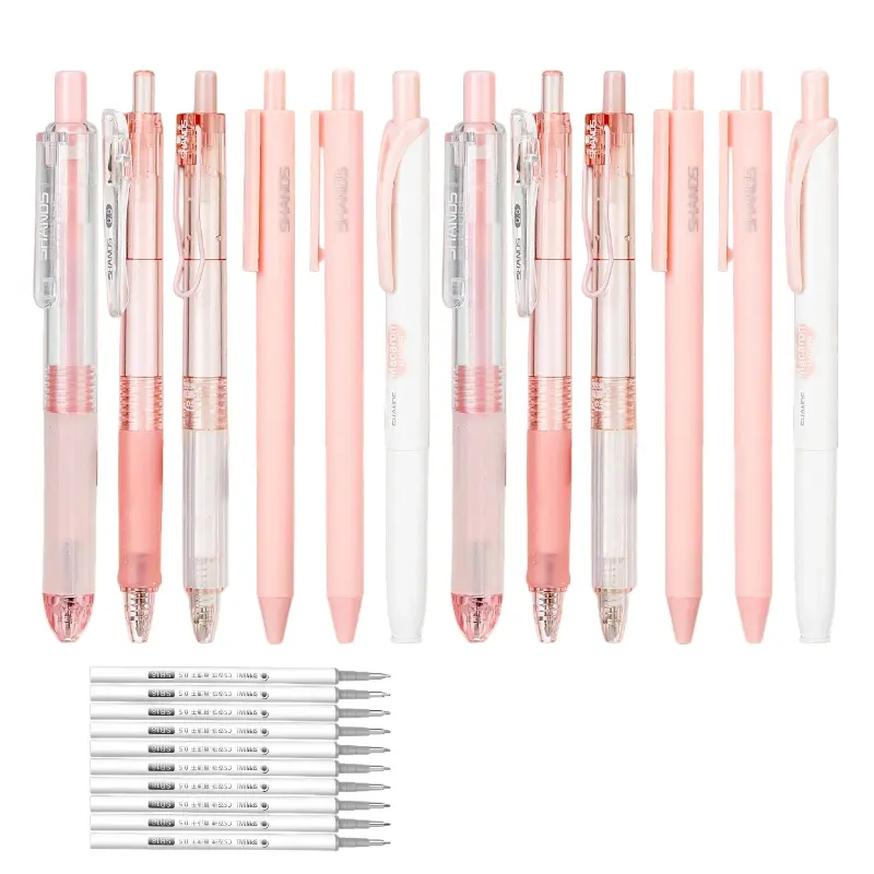 12pcs Rose Series Gel Pens+ 10 Refills, 0.5Mm Fine Point Black Pink Ink, Cute Aesthetic Girly Pens for School Office