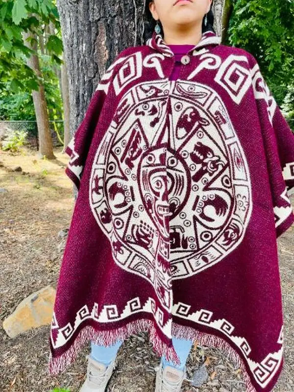 Aztec Calendar V Alpaca Poncho - Elegant Design with Traditional Patterns, Colorful Varying Purple, Ideal for Warmth and Comfort