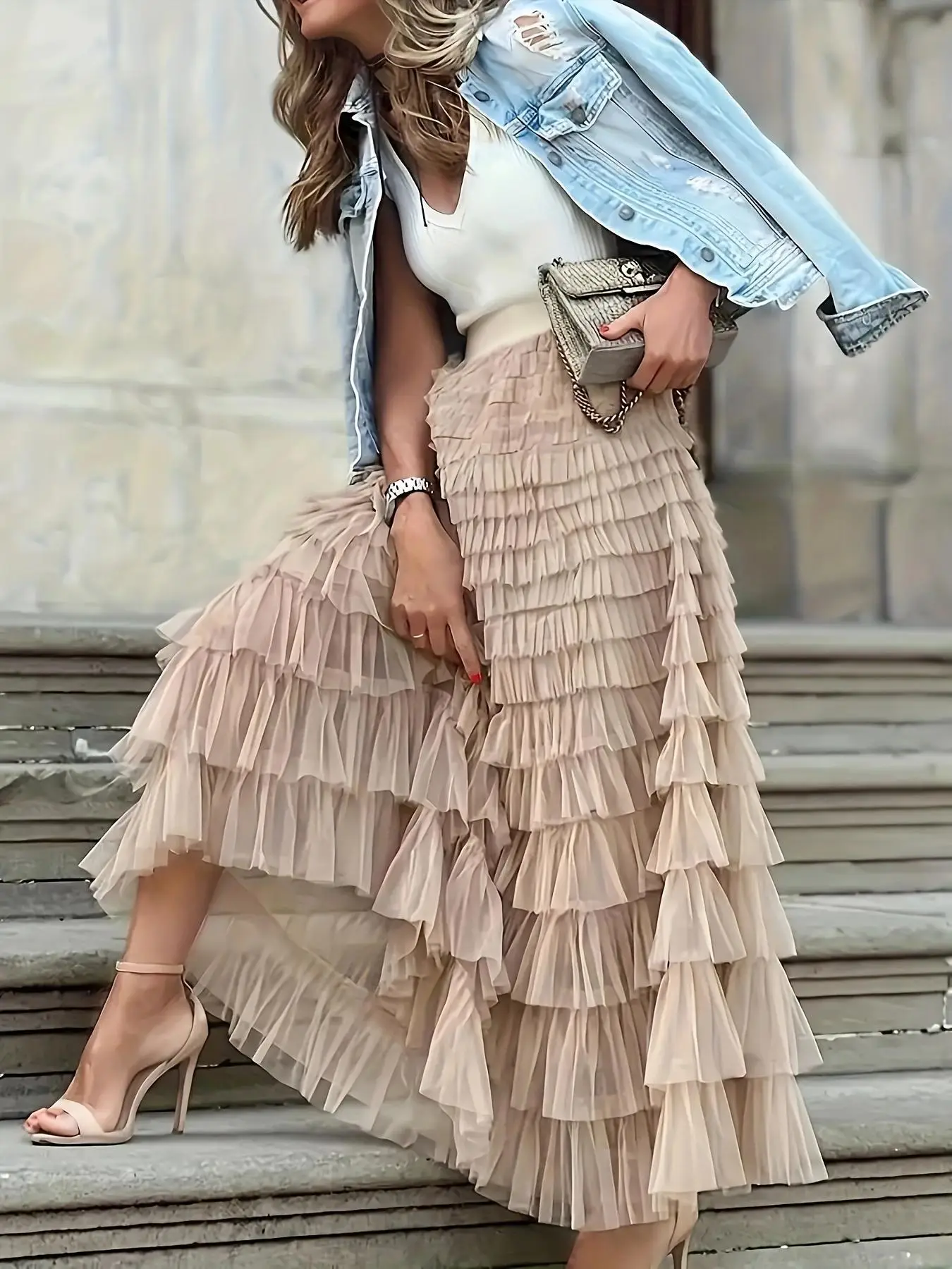 Women's Plain Ruffle Hem Tiered Layer Skirt, Elegant High Waist Long Skirt for Vacation Holiday Party, Ladies Bottoms for All Seasons, Long Skirt Wome