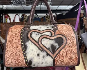 Genuine hand tooled leather & cowhide speedy bag- LARGE brown tooled and cowhide hearts