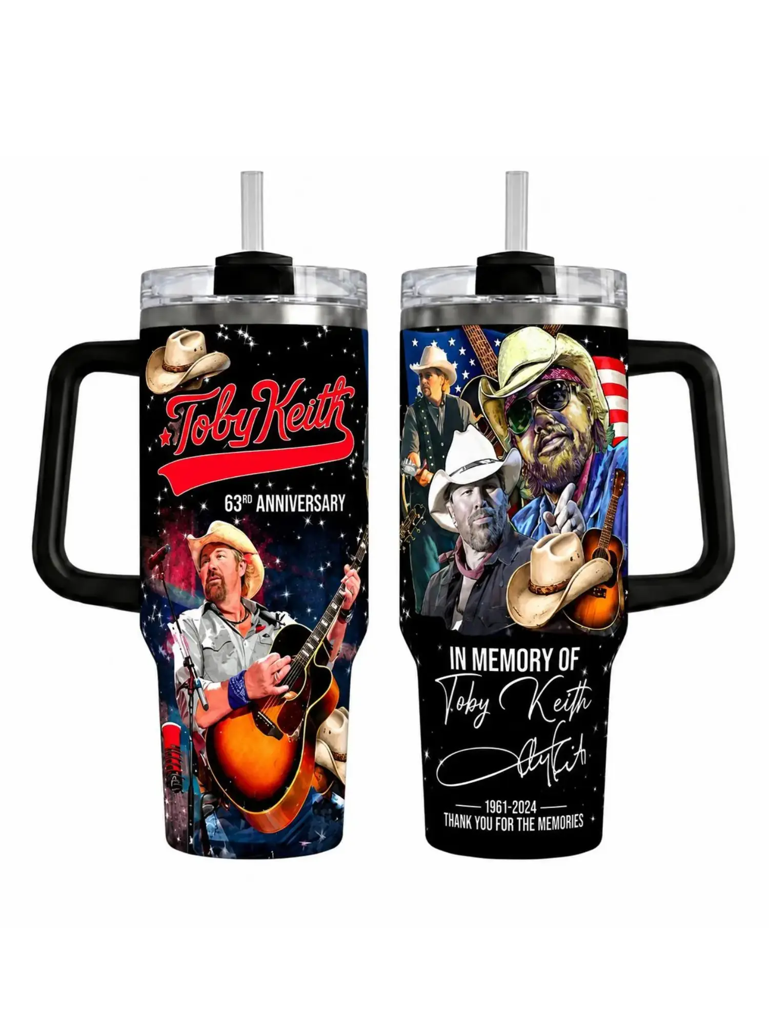T0by Kelth Memorial Tumbler, 30oz 40oz Country Music Fan Cup, Guitar Cowboy Hat American Flag Tribute Mug, Handle, No Straw Included