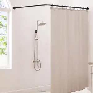 Adjustable L-Shaped Shower Rod, Industrial Style Wall-Mounted Bathroom Shower Pole, Metal, Suitable for Bathrooms, Closets, Room Dividers, Outdoor Patios