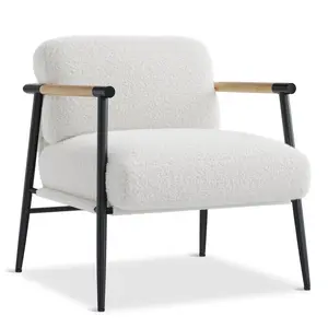 Garvee Modern Accent Chair – Comfy Teddy Fabric Armchair with Metal Frame & Wooden Armrests, Soft Cushioned Reading Chair for Bedroom & Living Room (white,Single Chair)