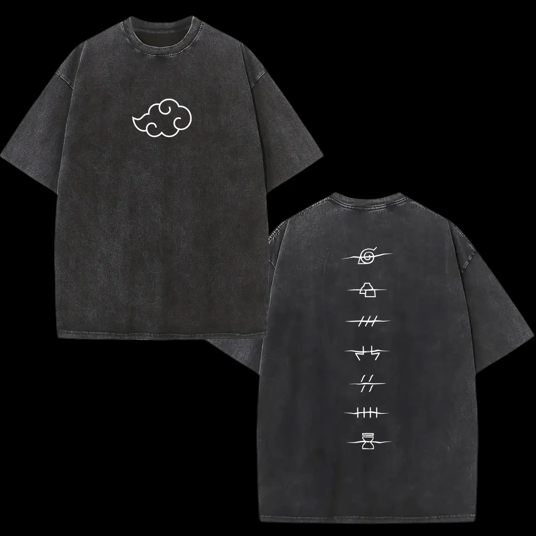 Men's Naruto Akatsuki Clan Logo Retro Washed Cotton Graphic T-Shirt - Loose Oversize Heavyweight Short-Sleeve Round Neck Streetwear Top, Machine Washable S-3XL High-Quality Vintage Casual Gift for Anime Fans