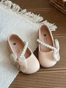 Girls' Pearl Mesh Bow Flat Shoes, PU Leather Low-Top Mary Jane Sneakers, Cute Plain Design for All Seasons, Round Toe Flats