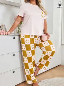 Women's Plus Size Knitted Pajama Set, Smiley Print Short Sleeve Top and Plaid Long Pants, Casual Loose Fit Sleepwear Loungewear for All Seasons