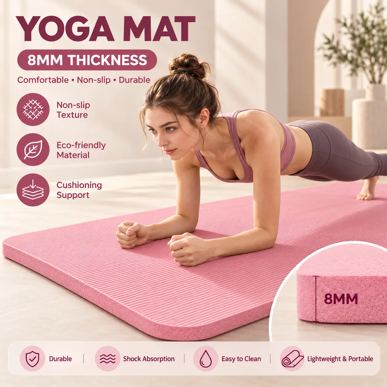Pink Yoga Mat 185x61cm, Non-Slip Exercise Mat for Yoga, Pilates, Stretching, Home Workout & Fitness