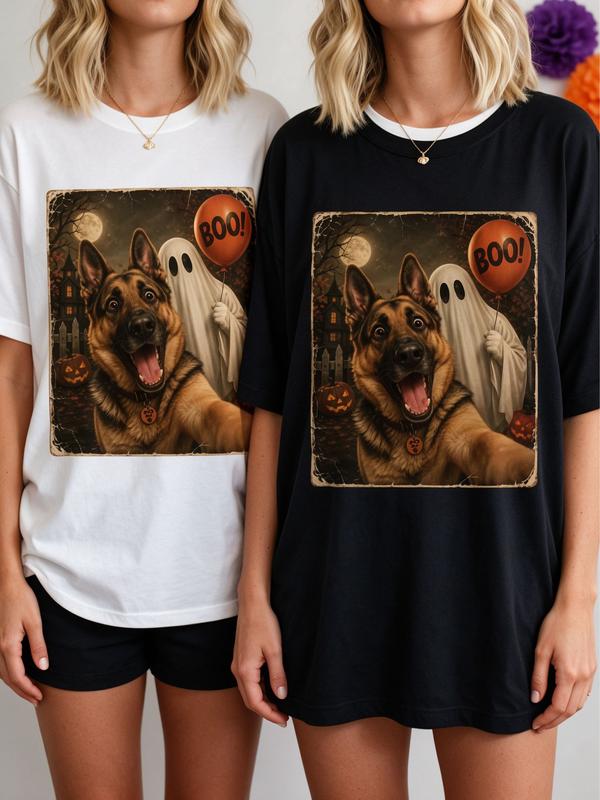 Women's Plus Size Cotton Casual T-Shirt - Oversized, Comfortable Crewneck Short Sleeve Print Tee for German Shepherd Dog Lovers, Halloween Ghost Pet Spooky Outfit