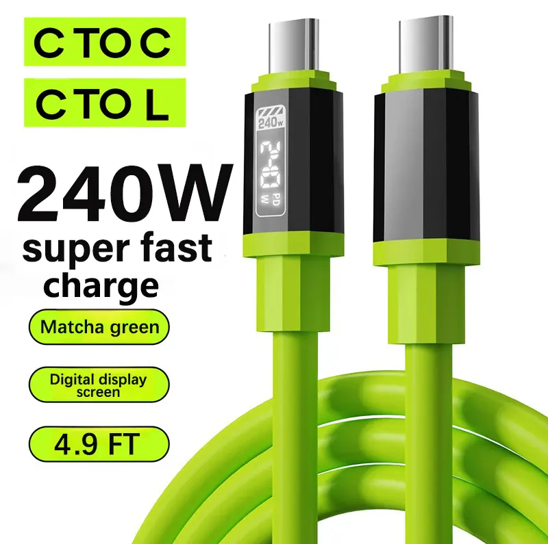 240W Max 2-in-1 Fast Charger Adapter with Digital Display, 4.9ft Alloy-Aluminum Silicone Cable - USB Type-C Dual Ends, Type-C+Lightning for Smartphone/Cellphone, iPhone-Compatible, Supports CarPlay & Android Auto