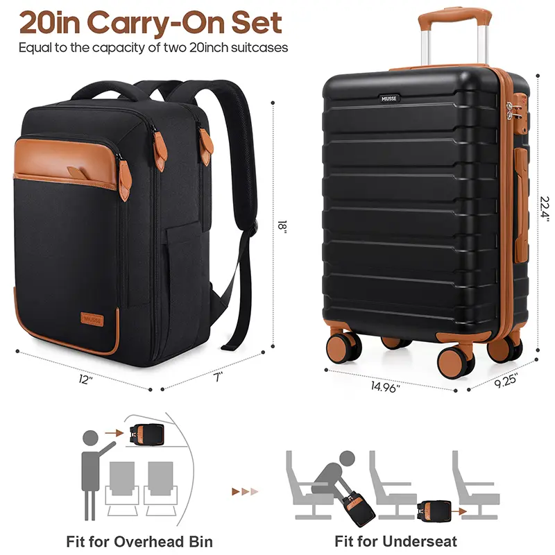 Miusse Luggage Set 3 Piece ABS Hardshell Carry On Suitcase with Spinner Wheels YKK Zipper TSA Lock Travel Backpack Airline Approved for Easy Travel - Luggagesets Traveling Bag , Lightweight Luggage