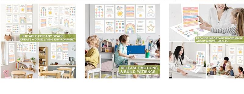 12 Calming Corner Posters (10x8) - Feelings Wheel Chart & Emotions Poster, Calming Corner Supplies For Therapy, Mental Health  Laminated Toddler Educational Wall Posters