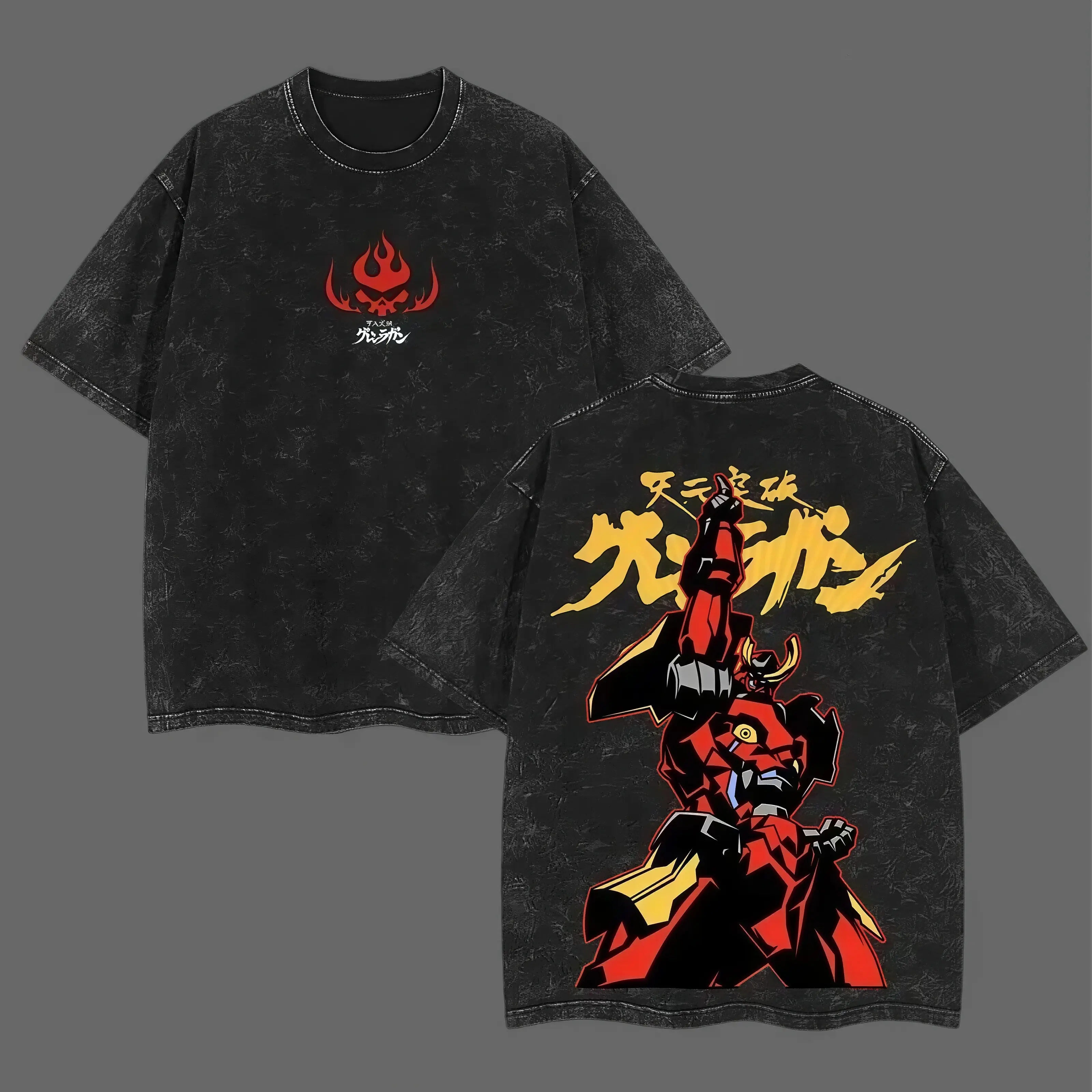 Vintage Washed Heavyweight Cotton Gurren Lagann Oversized Tee | Double-Sided Kamina & Simon Mecha Graphic Print | Anime Streetwear Gym Pump Cover | Retro Otaku Drip Top