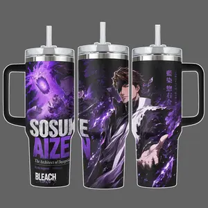 Bleach Sosuke Aizen Kyoka Suigetsu Purple Aura Stainless Steel Insulated Tumbler With Handle & Straw Lid 20oz 40oz Full Wrap Anime Design