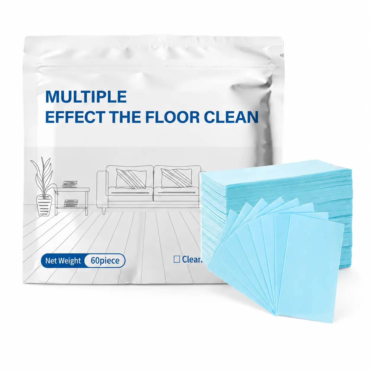 100-Pack Multi-Effect Floor Cleaning Sheets, Ultra-Thin Light Blue Water-Soluble Mopping Sheets with Mild Odor-Eliminating Formula for Kitchen Tile and Wooden Living Room Floors, Home Essentials