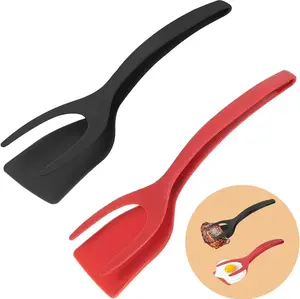 2-in-1 Egg Flipper Spatula Tongs Set - 2 PCS Kitchen Cooking Tools Non-Stick Silicone Grip and Flip Cooking Utensils for Omelets, , Easy To use and dishwashing safe Heat-Resistant Silicone Spatula Set Mini Plastic Buffet Serving Tongs