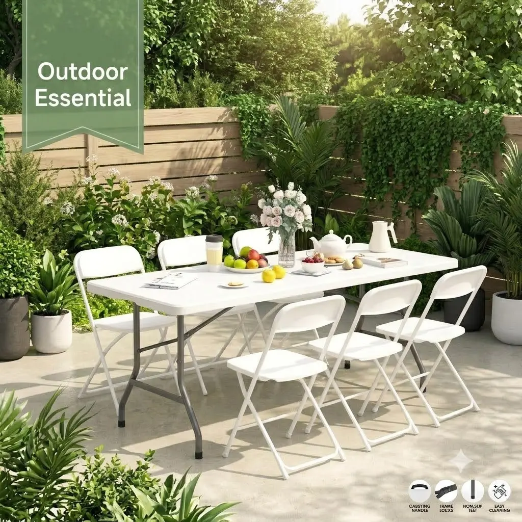 White Outdoor Essential Folding Table & Chairs Set - 6-ft Fold-in-Half Plastic Table, Easy-Clean, Lightweight Design for Garden Dining, Picnic Parties, Camping