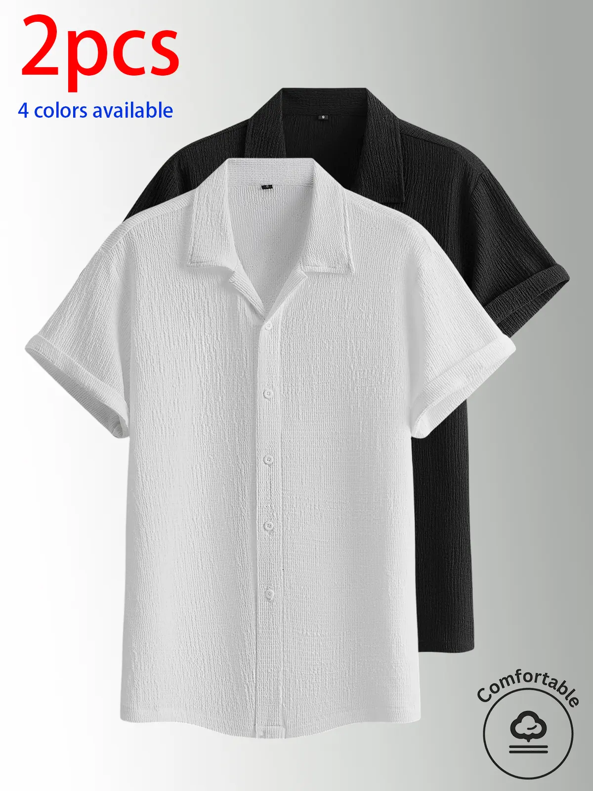 2-pack men’s summer short-sleeve shirts: men’s short-sleeve shirt, men’s shirt. Textured checkered short-sleeve shirt with button design; loose fit, turn-down collar, solid color, lightweight and breathable. Available in multiple colors—solid and versatil