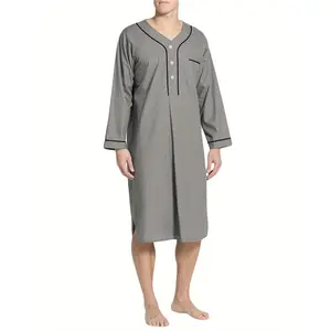 Men Vintage Nightgown Solid Color Loose Saudi Arab Long Sleeves Nightshirt Kaftan Dubai Robe with Pockets Sleepwear