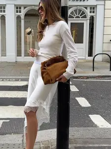 Ladies Fashion Asymmetrical Hem Lace Midi Skirt, Elegant Y2K Style for Spring Summer, Elastic Waist for Parties & Evening Wear, Fit Womenswear