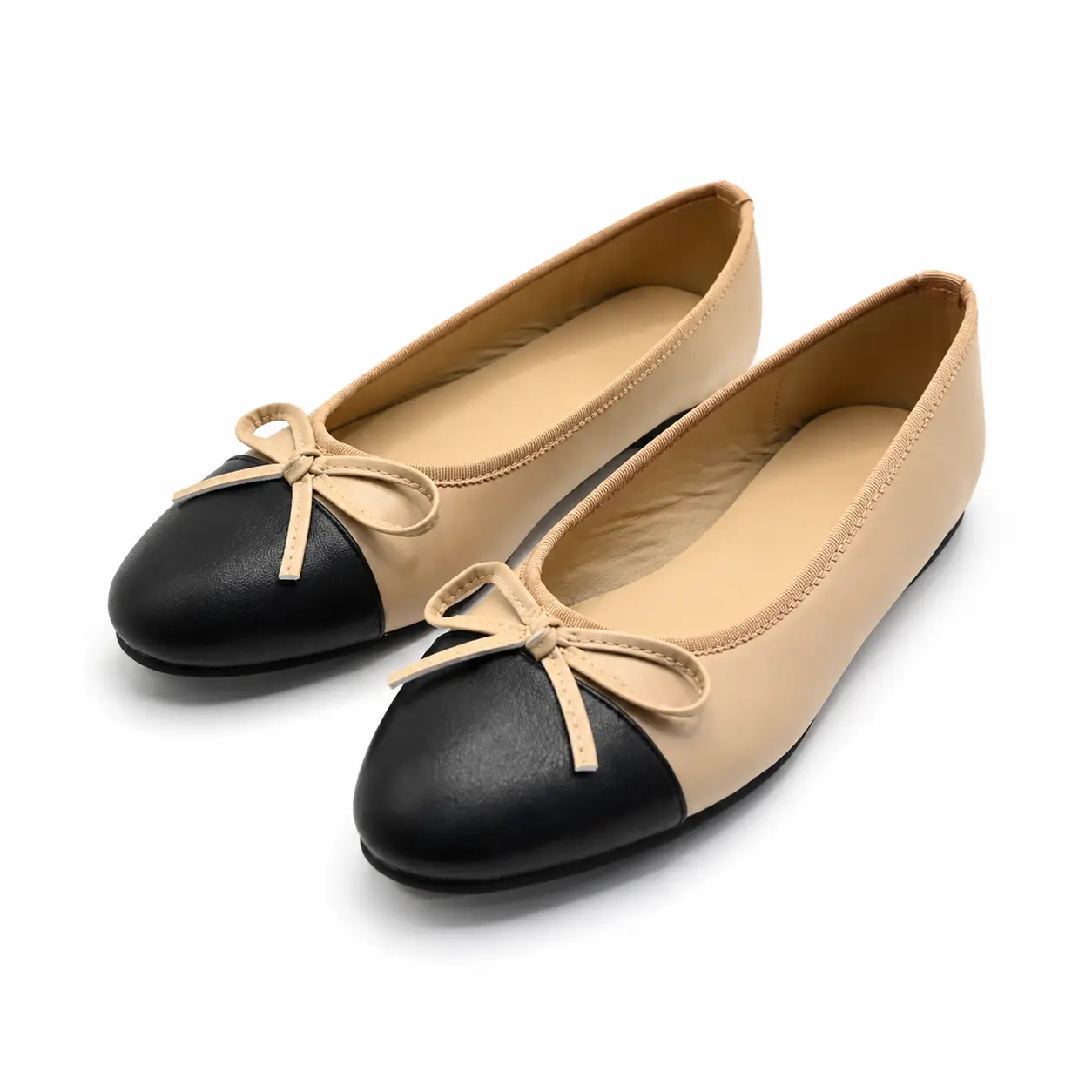 Women's Chic 2-Tone Ballet Flats with Cap Toe, PU Upper Slip-On Shoes for Office Outfits Women, Comfortable All Season Wear, Chic Look, Classic, Elegant