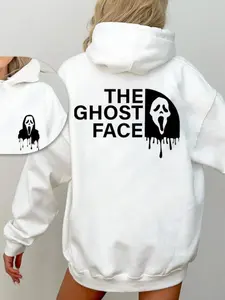 Women's Halloween Ghost Face Hoodie, Casual Loose-Fitting Fall Winter Womenswear Sweatshirt, Letter Pattern O-Neck Design, Perfect for Daily Wear