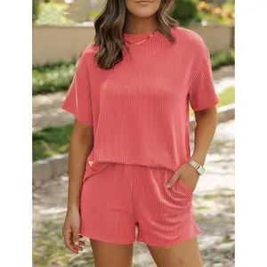 2025SummerFashionRibbedCasualSetNewStripedShortSleeveTopandShortsTwo-PieceSet
