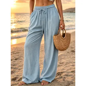 Women's Linen Solid Color Wide Leg Pants - Comfortable, Breathable, Elastic Waistband, Loose Fit, Minimalist Style Clothes, Summer Beach Casual, Machine Washable Womenswear Bottoms stretchy slim Ice Blue
