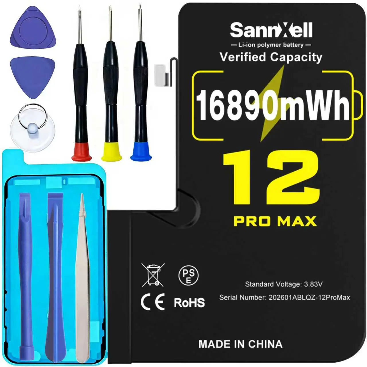 SannXell Upgraded High Capacity Battery for iPhone 12 Pro Max Replacement, 16890mWh 0 Cycle A2342 A2410 A2412 A2411 Model, Ultra Long Lasting Li-ion Battery for iPhone 12 Pro Max, with Full Repair Tool Kit, Batteries, Cellphone