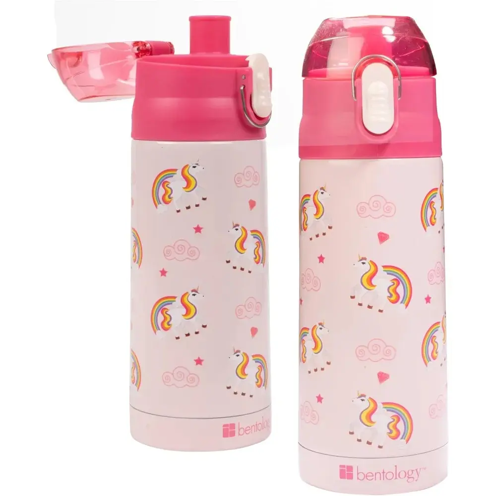 Bentology Stainless Steel 13oz Insulated Kids Water Bottle w Built In Straw- Easy to Open, Reusable BPA-Free, Fits in Most Lunch Boxes for Boys, Girls, School, Sports, Camp - Unicorn