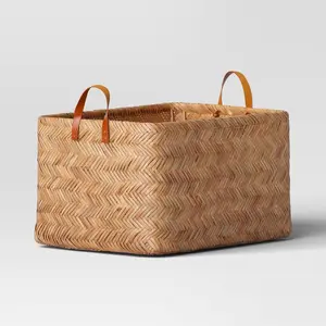 Large Herringbone Weave Basket - Threshold: Spacious Rattan Storage, Faux-Leather Handles, Multicolored Decorative Organizer