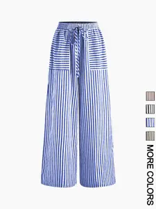 1 Piece Striped Color Block Drawstring Elastic Waist Wide Leg Woven Pants Womenswear, Everyday Casual Commuter Flowy Straight Trousers