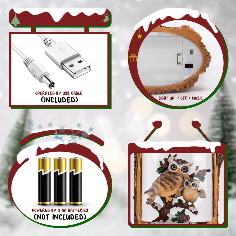 Christmas Owl Family Snow Globe, Musical Glittering Christmas Snow Globes Lantern with Timer, Large Owl Collectible Figurines Christmas Holiday Home Decor Battery Operated USB Powered