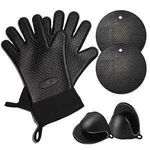Silicone Smoker Oven Gloves & BBQ Set – Extreme Heat Resistant, Waterproof Oven Mitts, Mini Gloves, Hot Pads & Pot Holders for Cooking, Grilling, Baking, Extra Soft, Superior Value 6 pc Set. Bakeware Kitchen