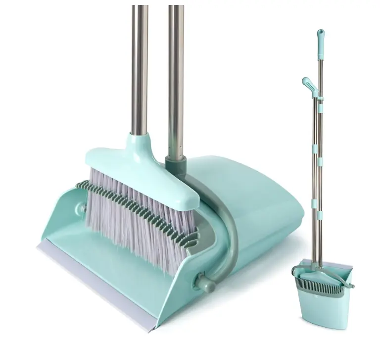 XXXFLOWER Broom and Dustpan Set with Cleaning Teeth, 55" Long Handle Indoor Sweeping Combo for Home Office Kitchen, Bluish Green