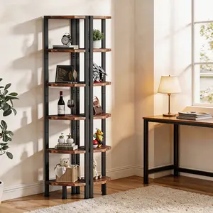 Flycity Corner bookshelf with LED lights, five-layer diamond-shaped wall-mounted corner shelf with light strips, storage vertical shelf unit with metal frame, plant shelf, living room, home office, bedroom bookcase in rustic style with brown color.