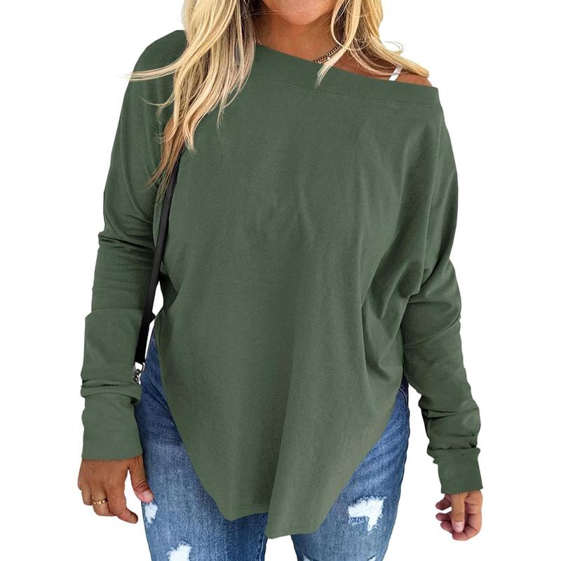 Goranbon Women's Plus Size Tops Off Shoulder Long Sleeve Loose T Shirts Casual Curved Hem Tunics Tee Shirt