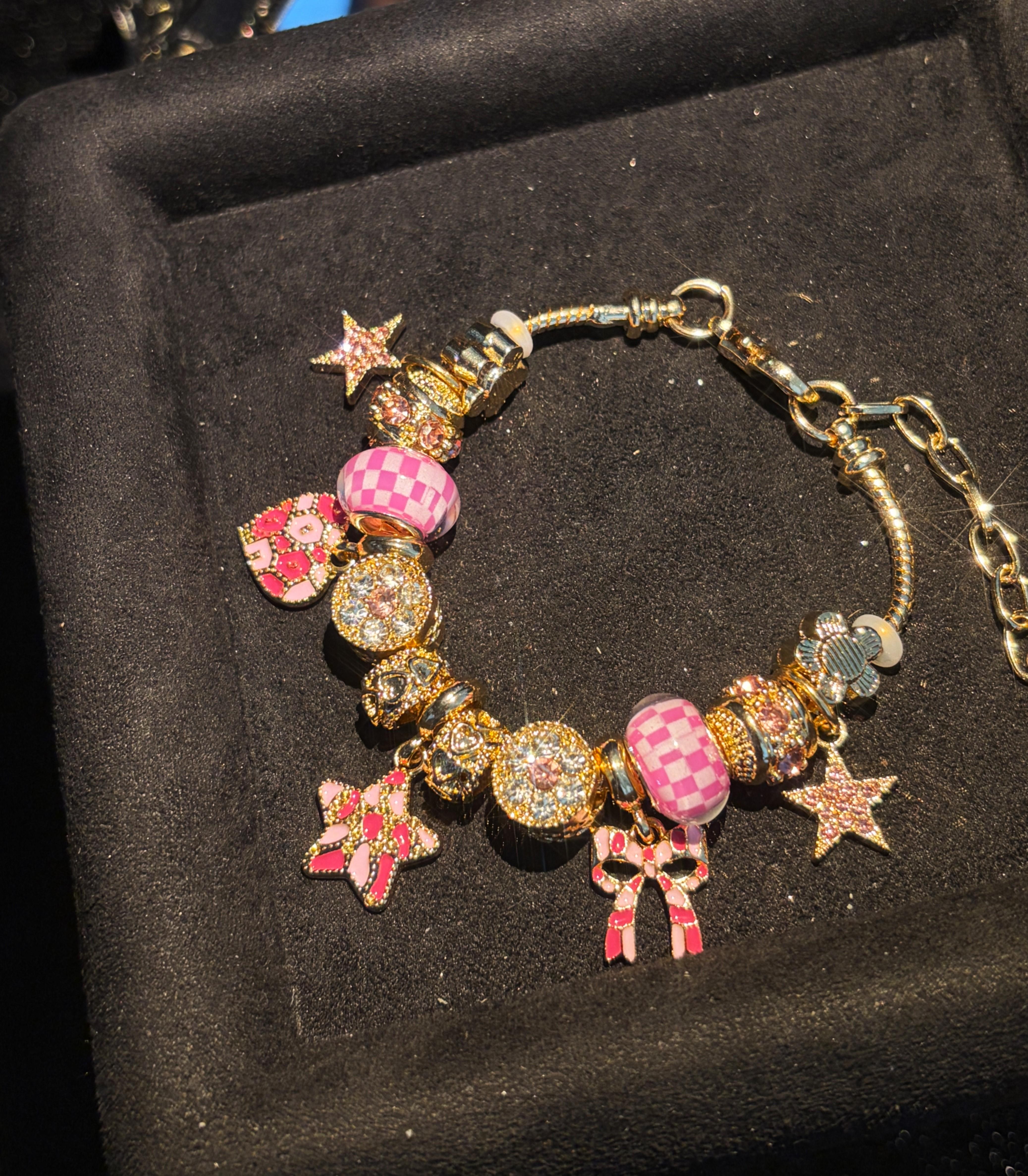 Women's Gold-Tone Pink Enamel Beaded Charm Bracelet with Bow, Star, Heart Accents - Sweet Girly Costume Jewelry Gift