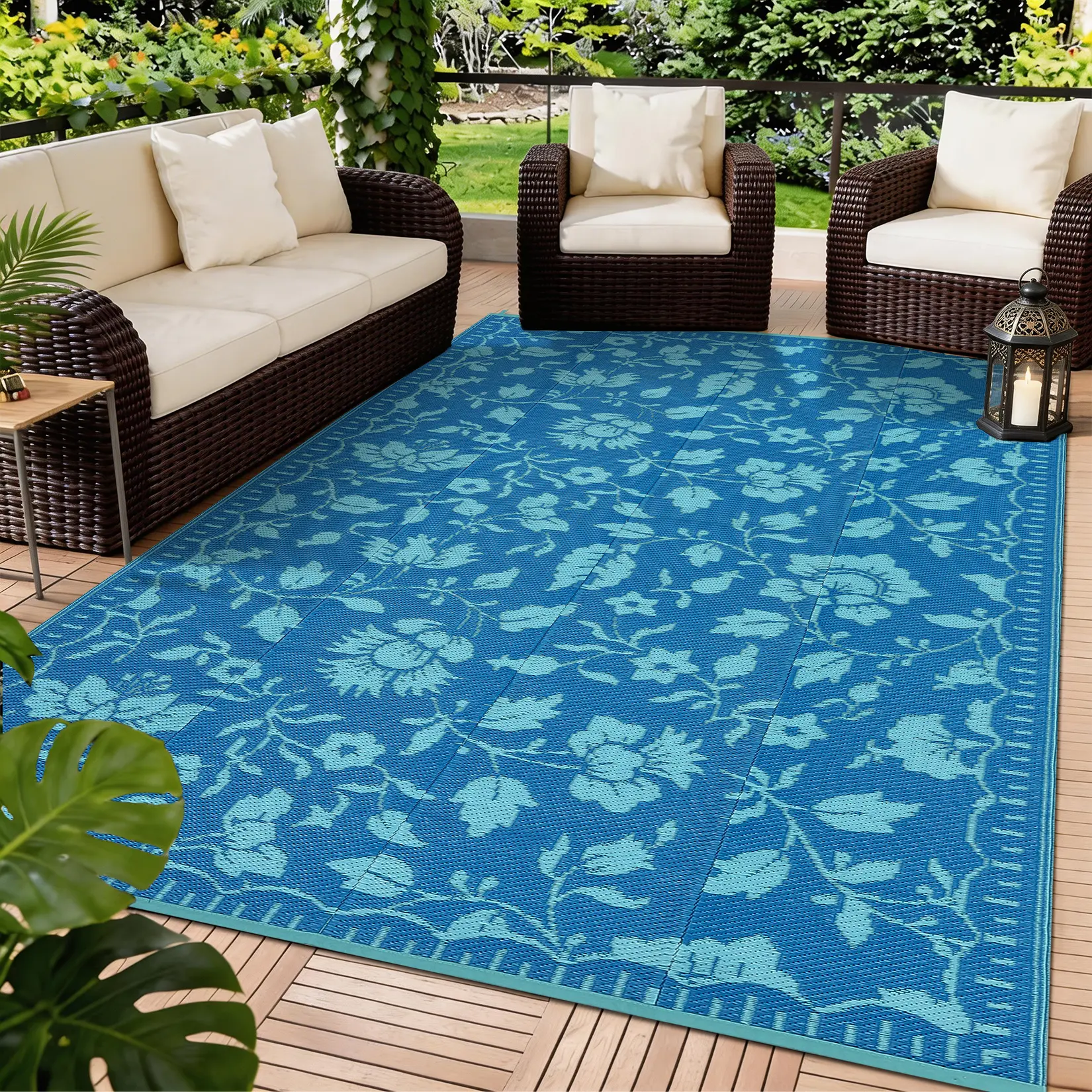 Garvee Vintage Floral Outdoor Rug Double-sided Reversible Plastic Straw Rug Foldable and Easy to Carry Comes with a Portable Bag Waterproof Outdoor Rug for Patios Balconies Beaches Pools and Picnics waterproof patio rug