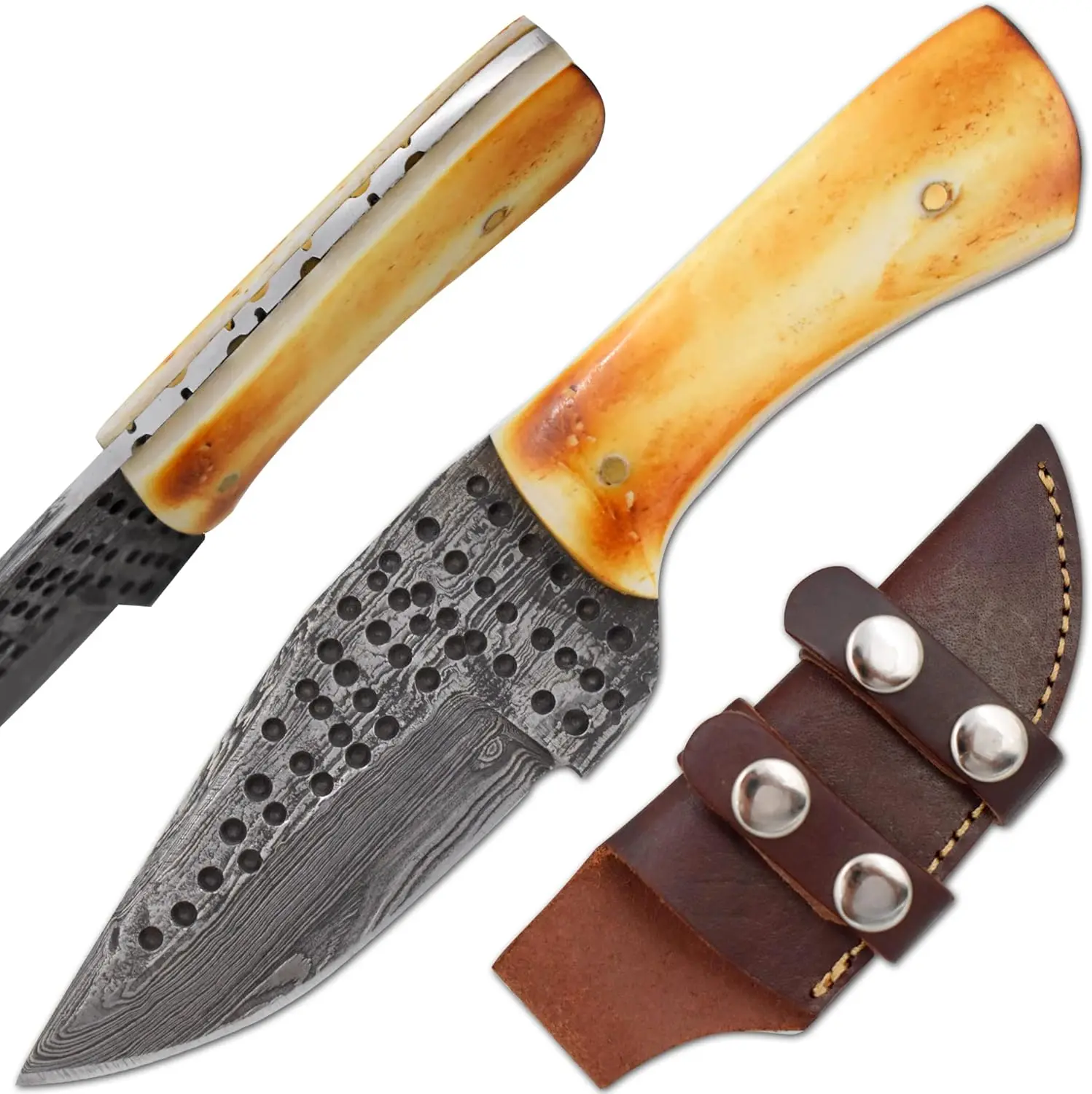 Old Ram 6-inch Mini Fixed Blade Knife, Burn Bone Handle Hunting Knife Damascus Steel Blade Includes Leather Sheath for Camping, Hiking, Carvin (DM-OR-312), Carbon Steel, All Ages, Fixed Blade Fixed-Blade Knives