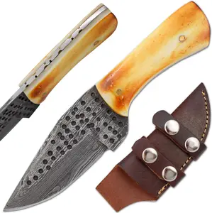 Old Ram 6-inch Mini Fixed Blade Knife, Burn Bone Handle Hunting Knife Damascus Steel Blade Includes Leather Sheath for Camping, Hiking, Carvin (DM-OR-312)