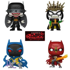 DC Tales from the Dark Multiverse & Knightfall Complete Wave Set of 4 Funko Pop! Vinyl Figures – Batman Who Laughs #572, Saint Batman #580, Robin King #581, Knightfall Batman #571