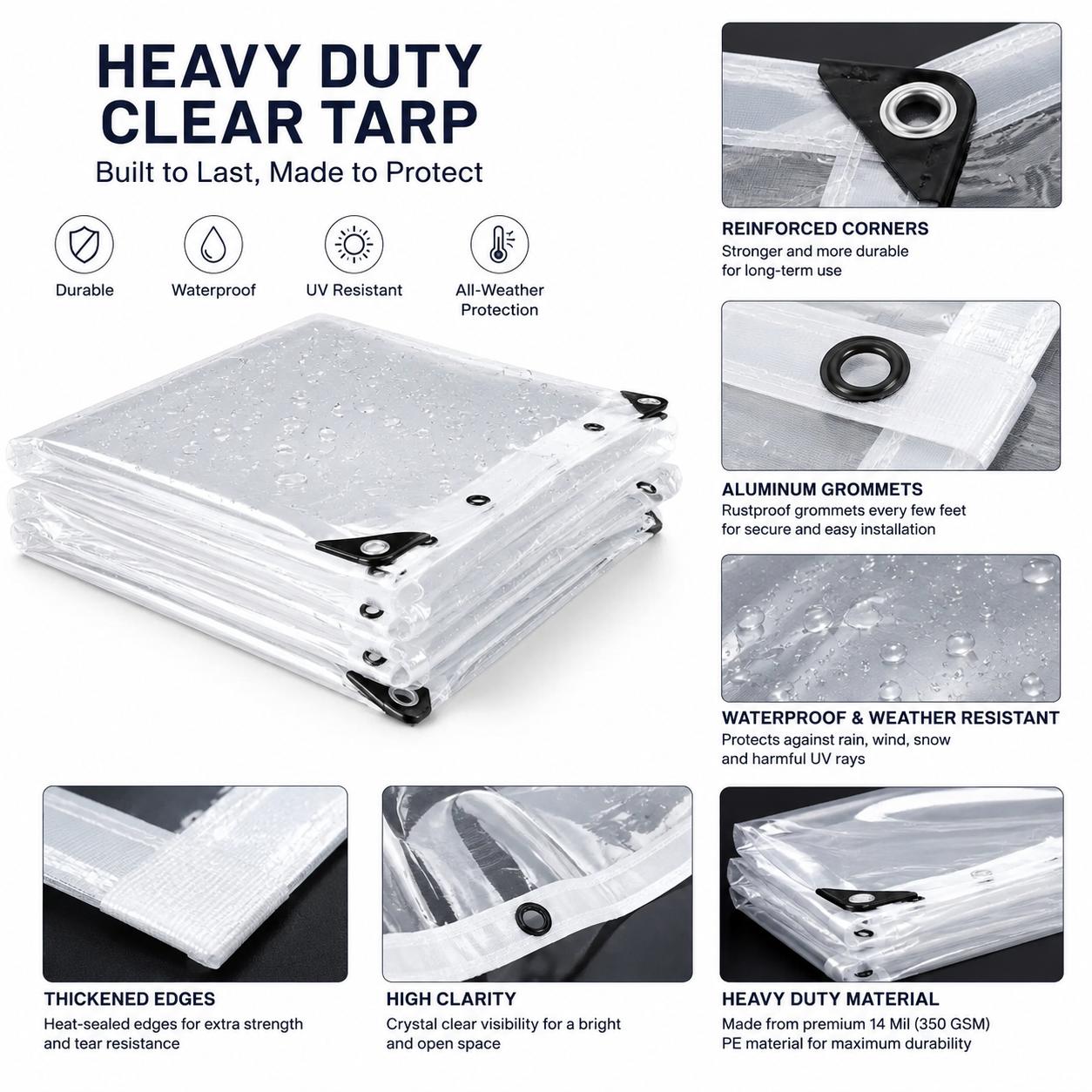Home-use transparent Heavy-Duty waterproof fabric, durable multi-functional dust-proof and rain-proof fabric, with thick seam edges and reinforced rivet holes, is an ideal protective dustproof protection cover for patios and campers.