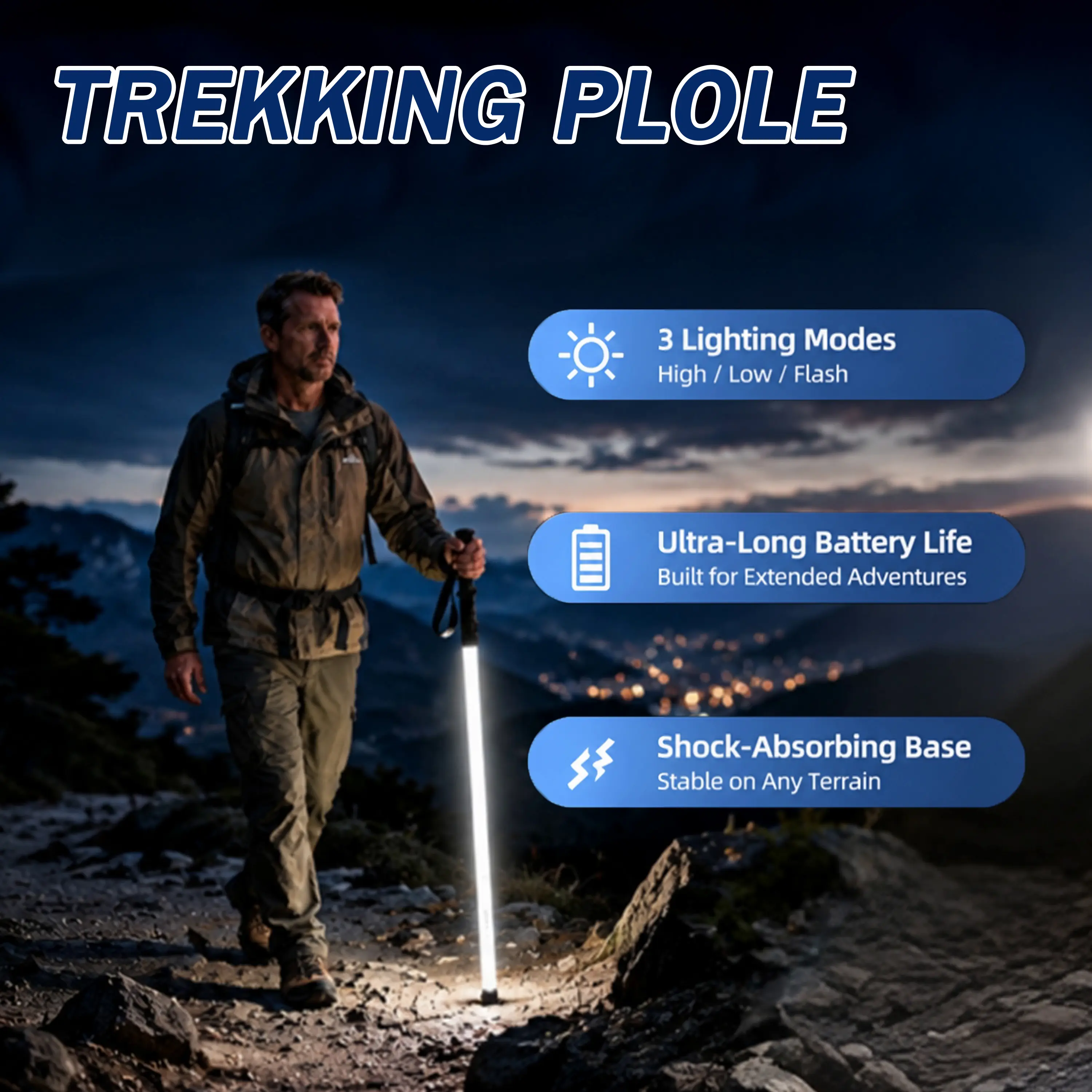 DKD LED Light Trekking Poles with 3 Lighting Modes, Rechargeable Hiking Stick with Full-Length Light Strip, Camping Walking Pole for Night Hiking, Light Saber SOS Emergency & Outdoor Adventures