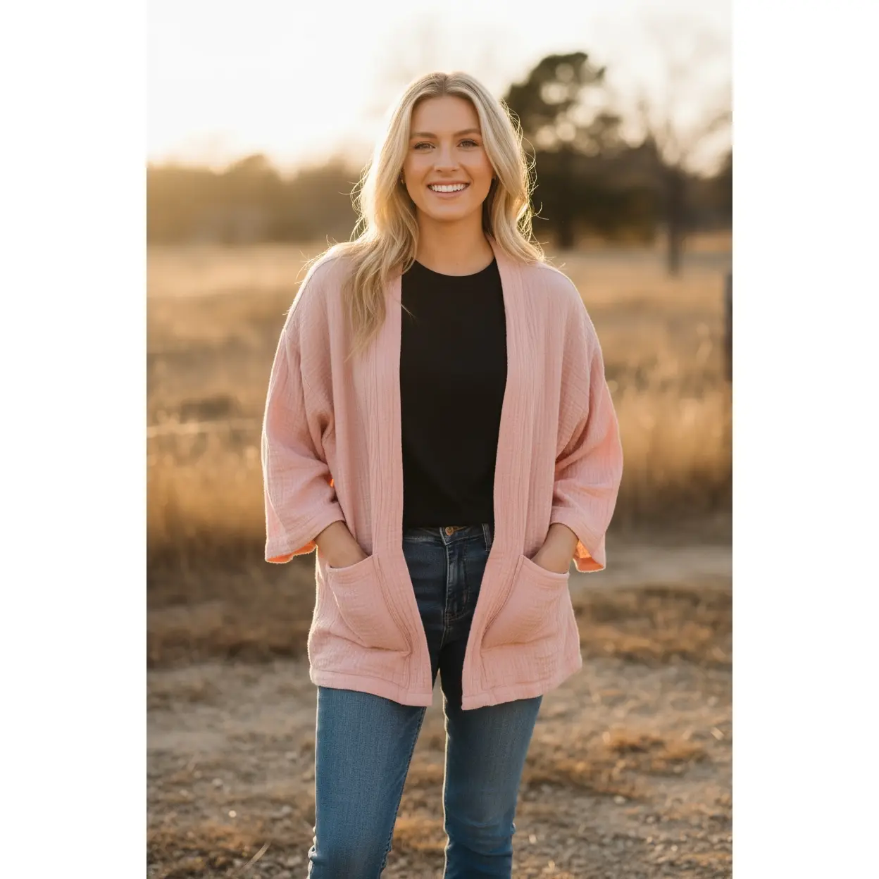 Mauve Blush Organic Crinkled Double Gauze Cotton Kimono Blouse Cardigan with Pockets