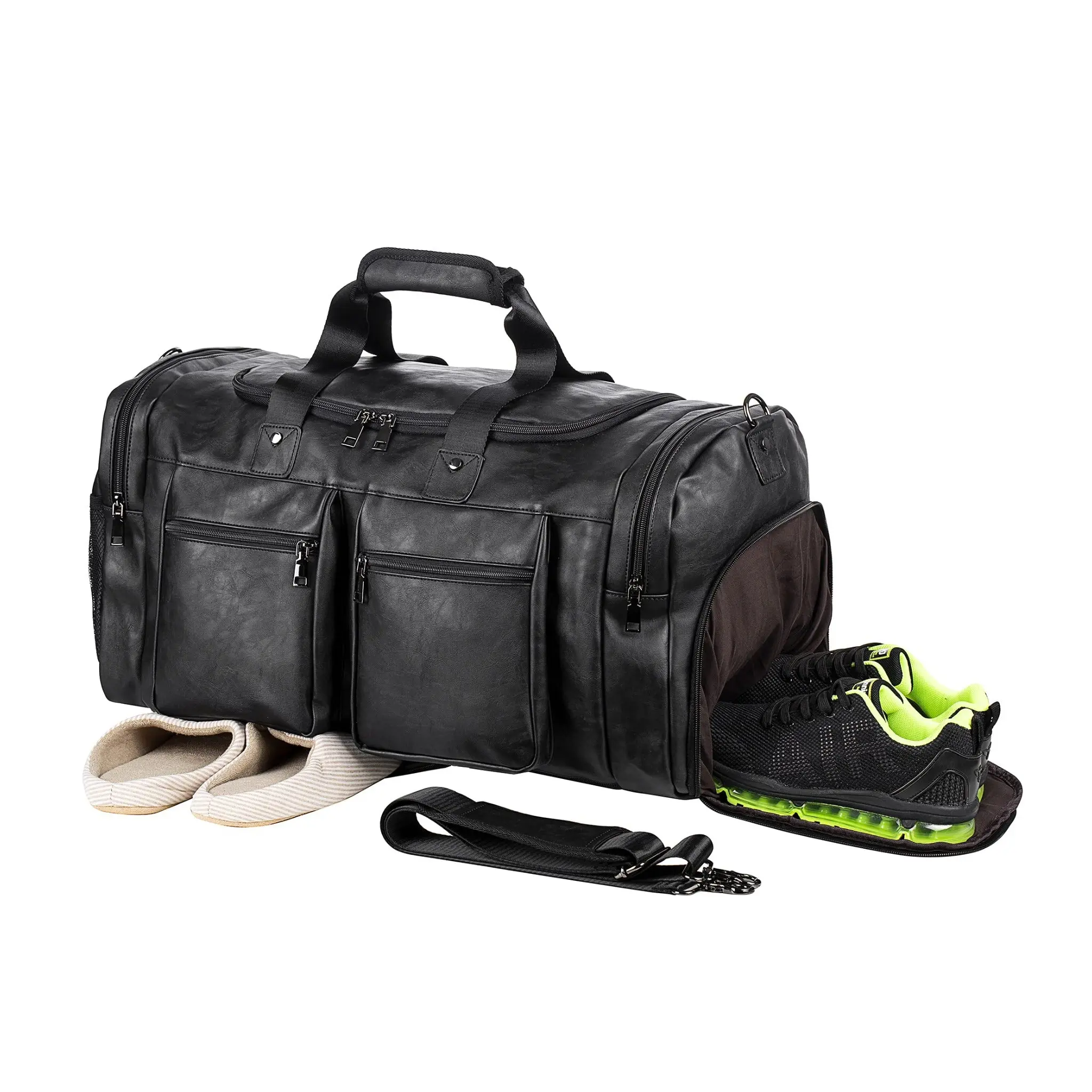 FR Fashion Co. Waterproof Leather Large Carry-On Travel Duffel Bag - 52L Capacity, Adjustable Strap, Dual Zippered Pockets, Vintage Look, 21" x 10.5" x 12"
