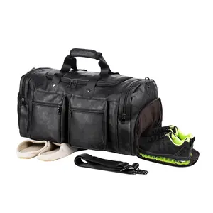 FR Fashion Co. Waterproof Leather Large Carry-On Travel Duffel Bag - 52L Capacity, Adjustable Strap, Dual Zippered Pockets, Vintage Look, 21" x 10.5" x 12"