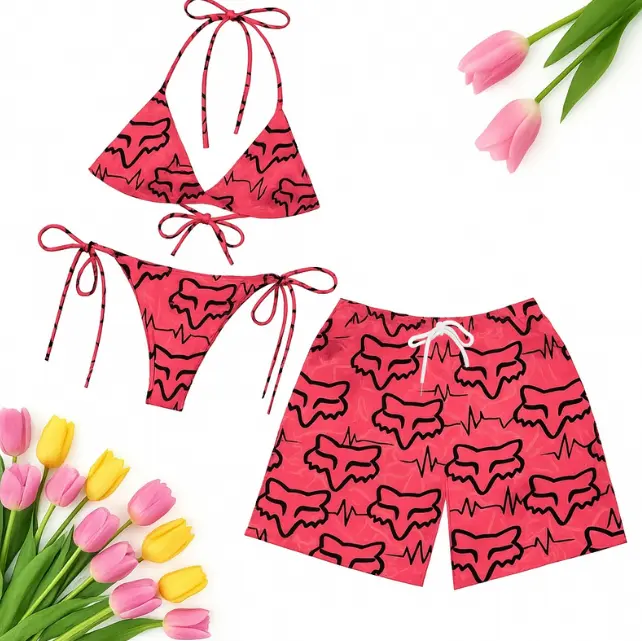 Matching Pink Fox  Bottomland Swimsuits for Couples - Swim Bra Tie Side Thong Bikini Men's Beach Shorts, Summer Vacation Swimsuit, Hawaiian Shirt Style, Aloha Beach Outfit, Casual Holiday Bathing Suit